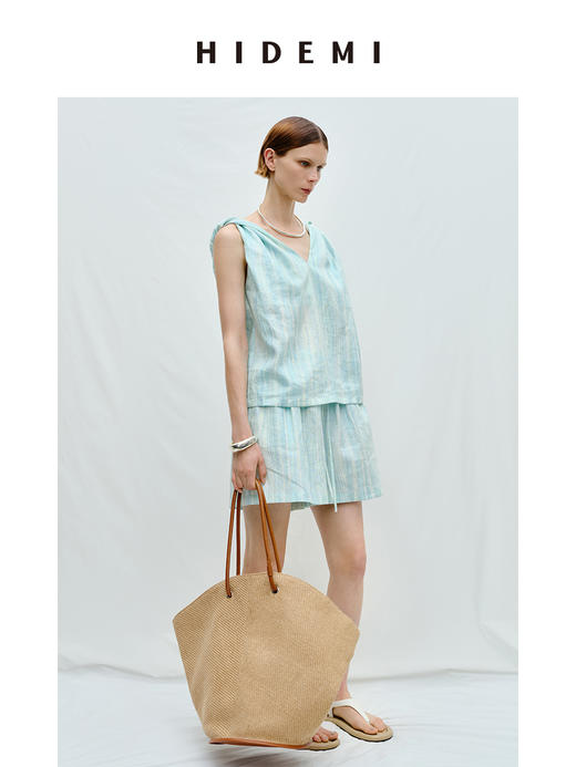 HIDEMI度假系列薄荷绿条纹亚麻纽结设计感套装 背心/短裤/长裤 商品图2