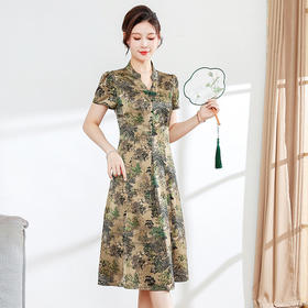 夏季印花，小V领短袖裙中年妈妈装气质中长裙复古旗袍裙QYM-YX-HY230139-Y