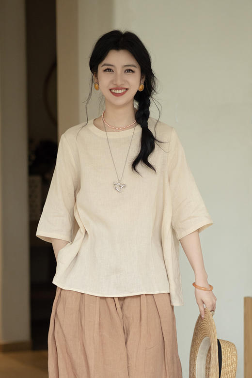 绽放345朵【甜茶系列·布丁】苎麻七分袖捏褶水滴扣宽松文艺T恤 商品图5