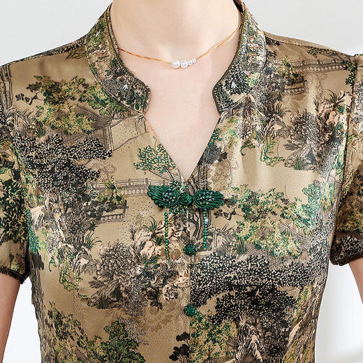 夏季印花，小V领短袖裙中年妈妈装气质中长裙复古旗袍裙QYM-YX-HY230139-Y 商品图3