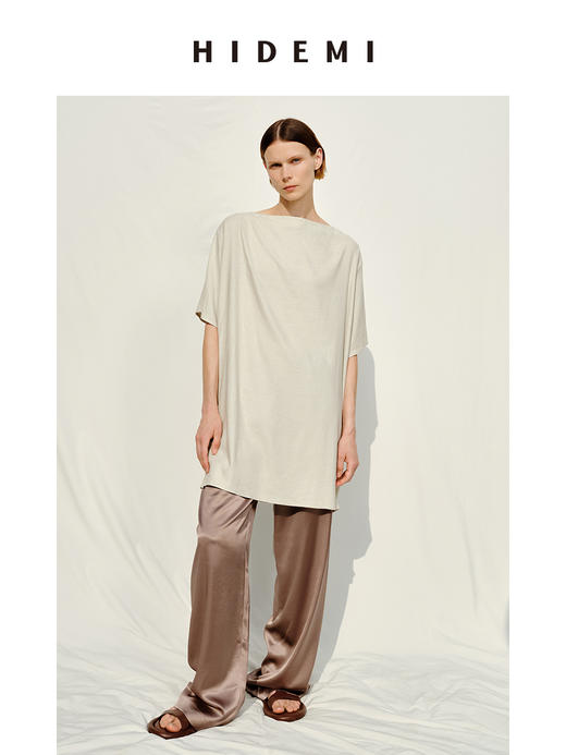 HIDEMI度假系列极简纽扣一字领水洗亚麻连衣裙上衣 商品图1