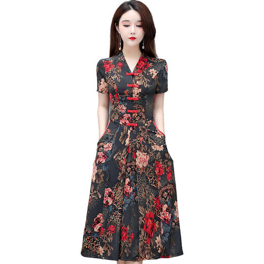 复古优雅，夏款印花中长款时尚A字裙V领短袖修身气质连衣裙QYM-XYKL-134-L 商品图4