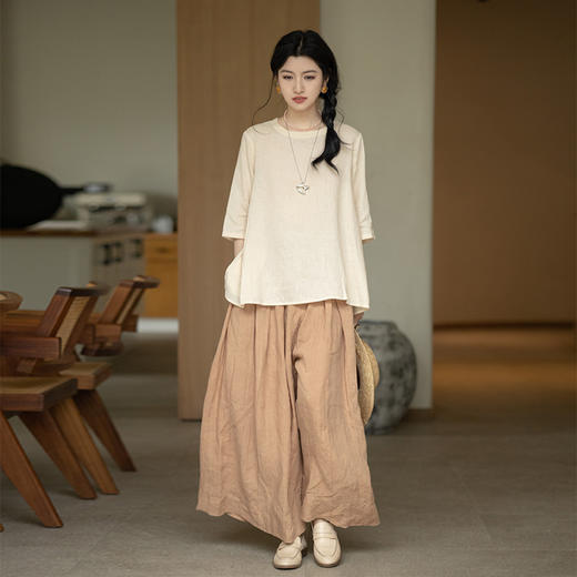 * 绽放343朵【甜茶系列·拿铁】杏色干洗亚麻休闲宽松阔腿裤武士裤 商品图3