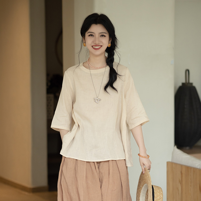 绽放345朵【甜茶系列·布丁】苎麻七分袖捏褶水滴扣宽松文艺T恤