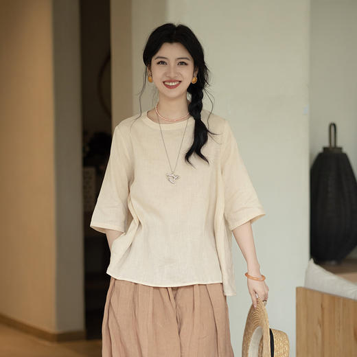 绽放345朵【甜茶系列·布丁】苎麻七分袖捏褶水滴扣宽松文艺T恤 商品图0