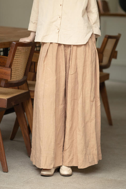 * 绽放343朵【甜茶系列·拿铁】杏色干洗亚麻休闲宽松阔腿裤武士裤 商品图5