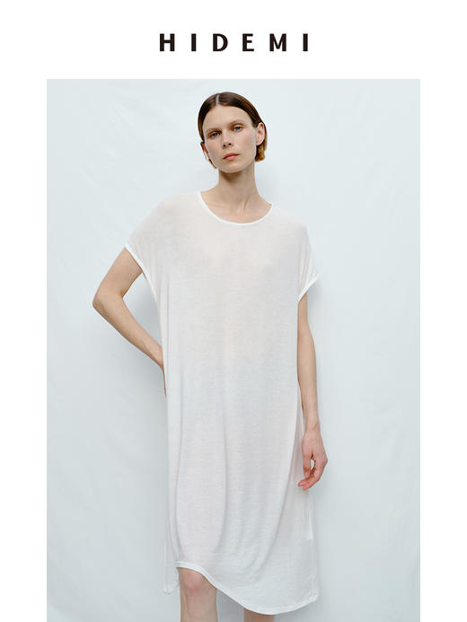 HIDEMI 度假系列极简圆领廓形云朵薄针织T恤连衣裙 商品图5