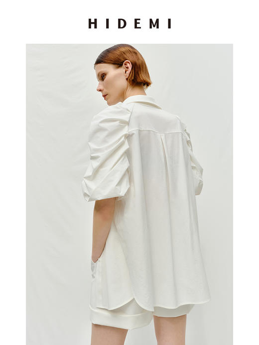 HIDEMI度假系列褶皱花苞感设计感泡泡中袖小翻领衬衫 商品图5