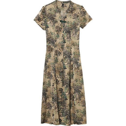 夏季印花，小V领短袖裙中年妈妈装气质中长裙复古旗袍裙QYM-YX-HY230139-Y 商品图4