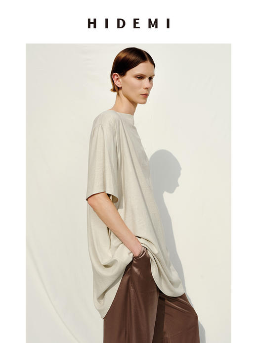 HIDEMI度假系列极简纽扣一字领水洗亚麻连衣裙上衣 商品图8