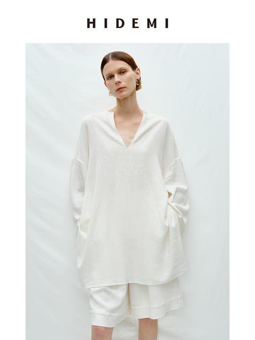 HIDEMI度假系列白色艺术感水洗亚麻阔型慵懒伞状三件套 衬衫/半身裙/中短裤 商品图4