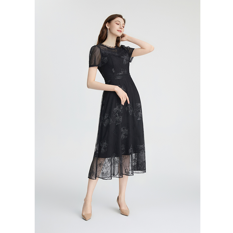 司歌蕾丝显瘦优雅气质小黑裙连衣裙A871105