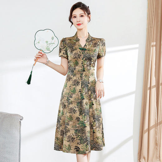夏季印花，小V领短袖裙中年妈妈装气质中长裙复古旗袍裙QYM-YX-HY230139-Y 商品图5