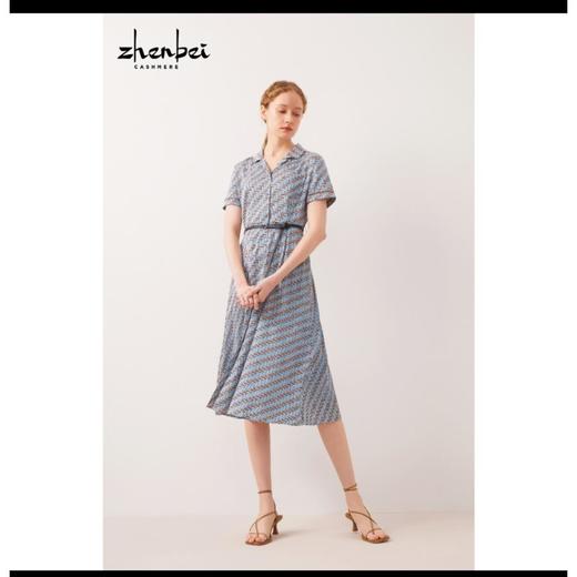 3楼珍贝桑蚕丝印花翻领腰带连衣裙 商品图0