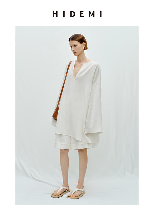 HIDEMI度假系列白色艺术感水洗亚麻阔型慵懒伞状三件套 衬衫/半身裙/中短裤 商品图1