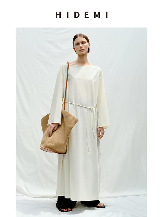 HIDEMI度假系列极简一字领天丝棉可拆卸腰带式连衣裙 商品图1