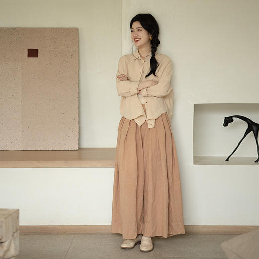 * 绽放343朵【甜茶系列·拿铁】杏色干洗亚麻休闲宽松阔腿裤武士裤 商品图2