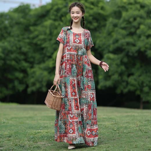 【GYS】A600３５夏休闲大摆连衣裙202３新款简约圆领短袖薄棉麻宽松格子长裙 商品图2