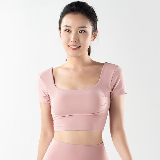 【限时秒】YOGACODE火树银花/镂空美背前胸打褶可拆卸胸垫瑜伽短袖YCDS498 商品图0