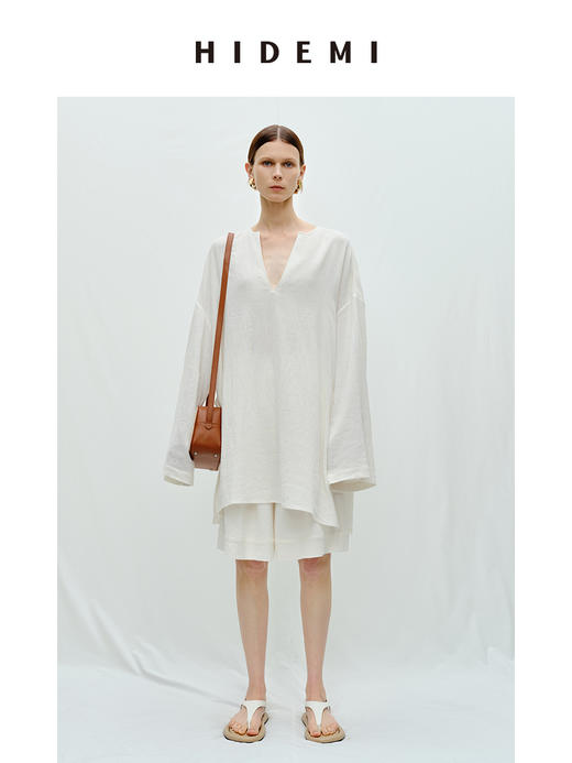 HIDEMI度假系列白色艺术感水洗亚麻阔型慵懒伞状三件套 衬衫/半身裙/中短裤 商品图2