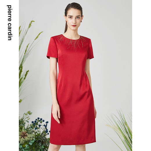 皮尔卡丹女装连衣裙红色圆领短袖中长婚庆礼服A字裙P3116D3049T0
 商品图0