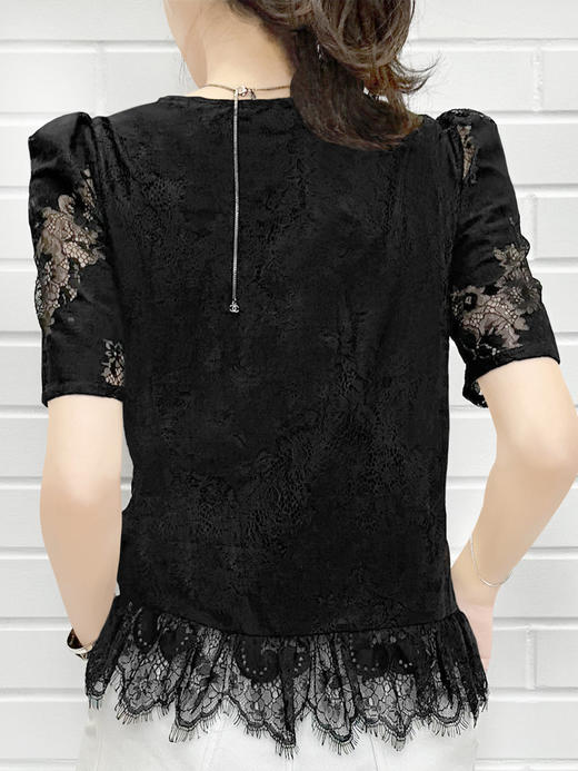 TYNVIE 荷叶装饰短袖圆领上衣 - 黑色 商品图2