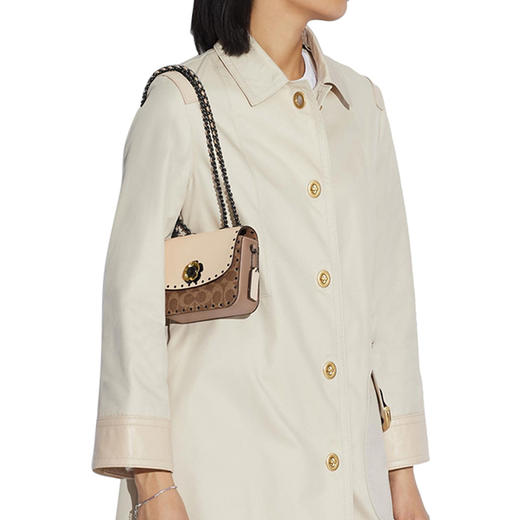 蔻驰COACH奢侈品女士专柜款MADISON系列16号小号单肩包卡其色拼色PVC配皮C2462V5SNE 商品图2