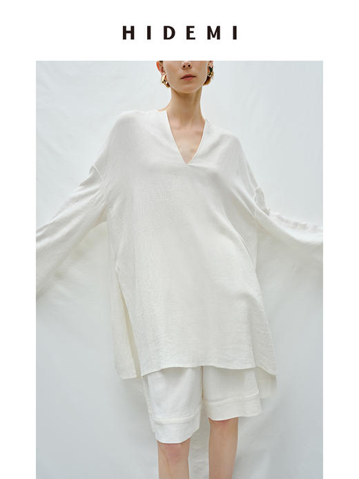 HIDEMI度假系列白色艺术感水洗亚麻阔型慵懒伞状三件套 衬衫/半身裙/中短裤 商品图6