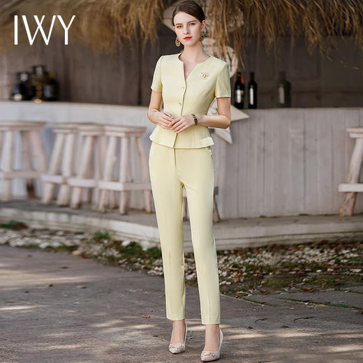 IWY/夏季款短袖薄款黄色职业套装女休闲时尚美容院前台接待工作服CP1774 商品图2