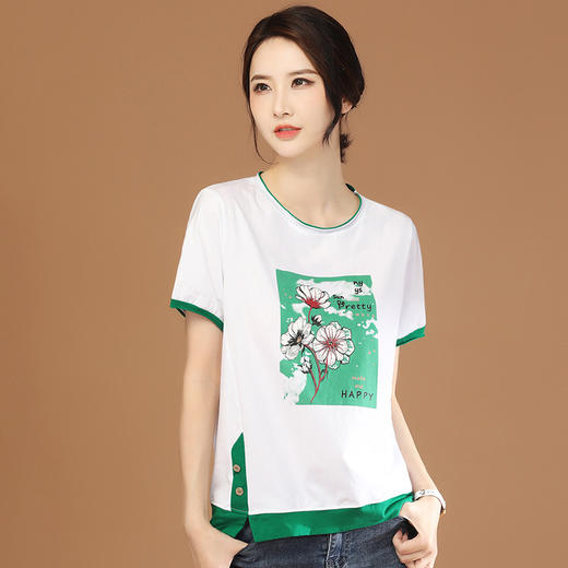 撞色圆领复古印花T恤女，夏装新款宽松显瘦百搭体恤薄GYM-KN0532 商品图0