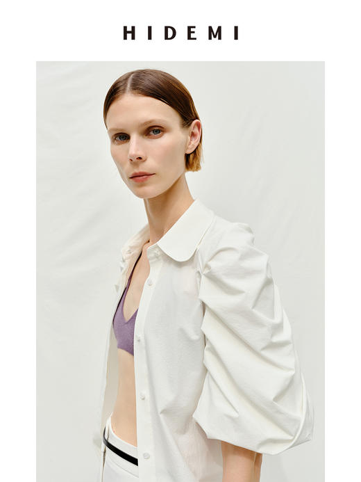 HIDEMI度假系列褶皱花苞感设计感泡泡中袖小翻领衬衫 商品图4