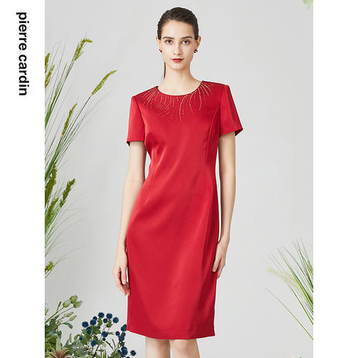 皮尔卡丹女装连衣裙红色圆领短袖中长婚庆礼服A字裙P3116D3049T0
 商品图1