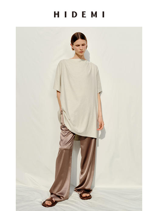 HIDEMI度假系列极简纽扣一字领水洗亚麻连衣裙上衣 商品图2