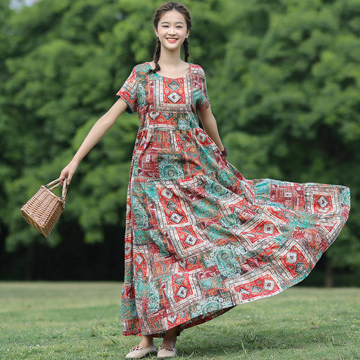 【GYS】A600３５夏休闲大摆连衣裙202３新款简约圆领短袖薄棉麻宽松格子长裙 商品图0