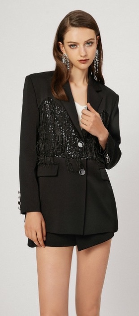 黑色亮片鸵鸟毛缎面拼接宽松西装外套