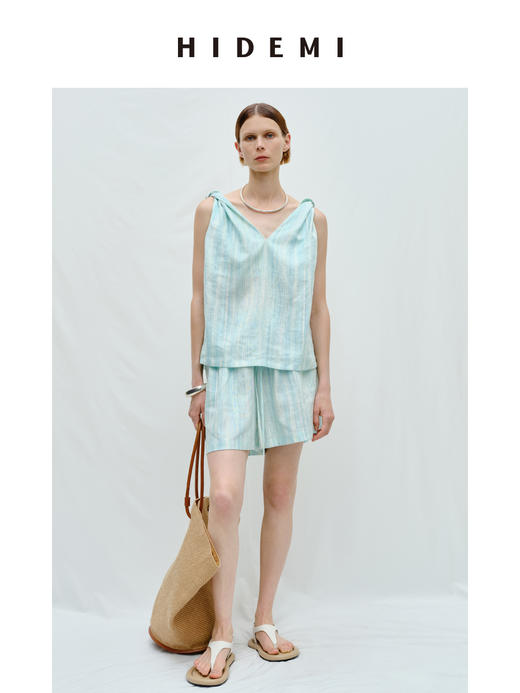 HIDEMI度假系列薄荷绿条纹亚麻纽结设计感套装 背心/短裤/长裤 商品图1