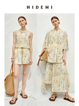 HIDEMI度假系列“夏日捕梦”艺术感手绘印花压褶套装 短袖衬衫/背心/百褶裙/短裤