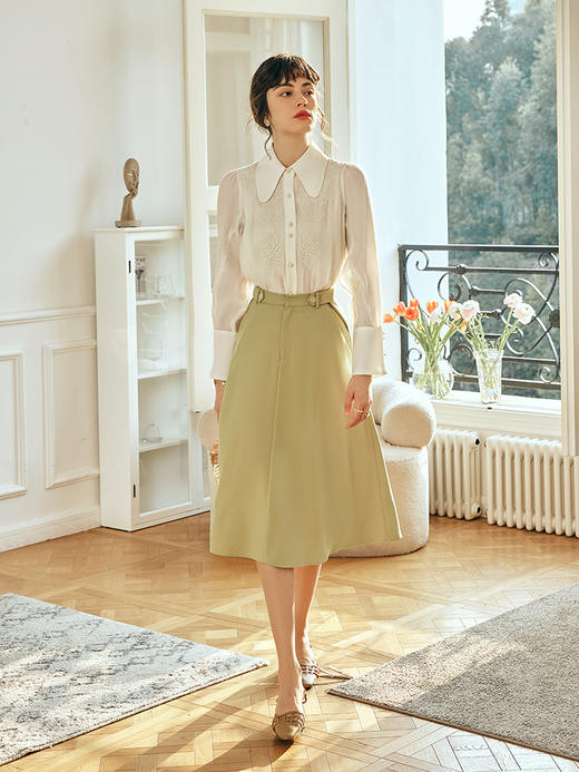 OLrain欧芮儿法式绿色半身裙女春季2023新款高腰中长款A字伞摆裙 商品图1