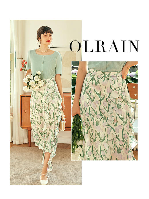 OLrain欧芮儿法式碎花半身裙女夏季2023年新款高腰荷叶边开叉裙子 商品图1