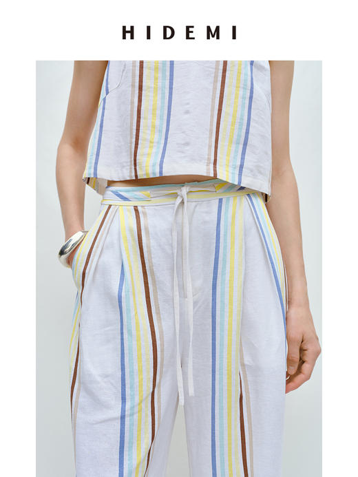 HIDEMI度假系列水洗阳光彩色条纹亚麻套装 背心/卷边阔腿裤 商品图6