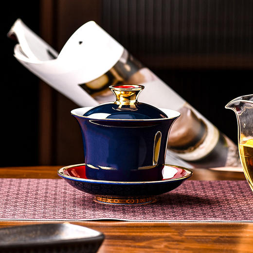 【日用百货】-霁蓝创意宫廷三才盖碗中式陶瓷简约泡茶碗 商品图1