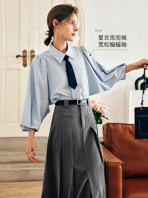 OLrain欧芮儿法式蓝色衬衫女春季2023年新款宽松学院风领带衬衣 商品图0