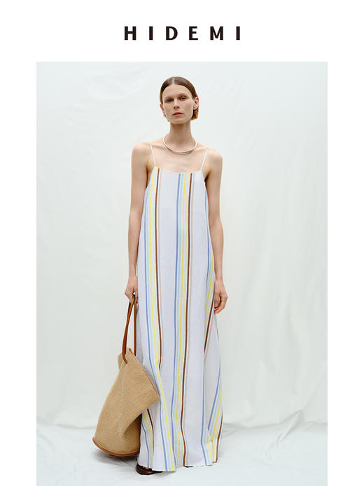 HIDEMI度假系列水洗阳光彩色条纹亚麻吊带连衣裙 商品图0