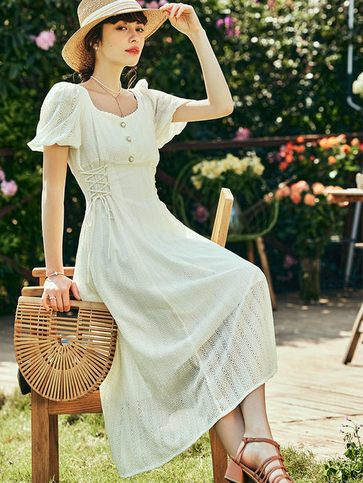 OLrain欧芮儿法式方领连衣裙女夏季2023年新款收腰系带泡泡袖裙子 商品图2