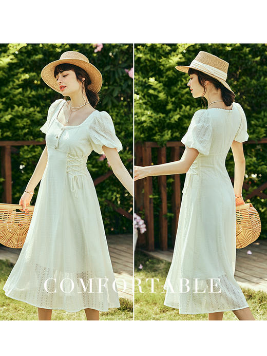 OLrain欧芮儿法式方领连衣裙女夏季2023年新款收腰系带泡泡袖裙子 商品图1