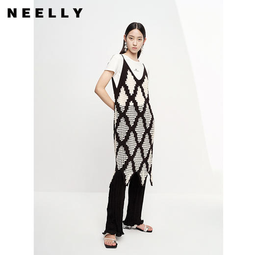 NEELLY纳俪商场同款黑白格子叠穿镂空吊带连衣裙两件套白色T恤夏N23061Z01208 商品图1