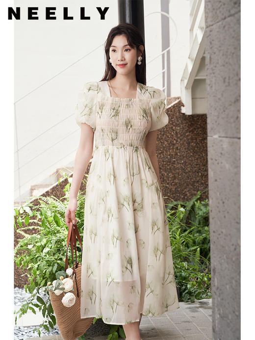 NEELLY纳俪法式方领印花连衣裙女泡泡袖水墨画气质收腰显瘦裙子夏N23044Y05522 商品图1