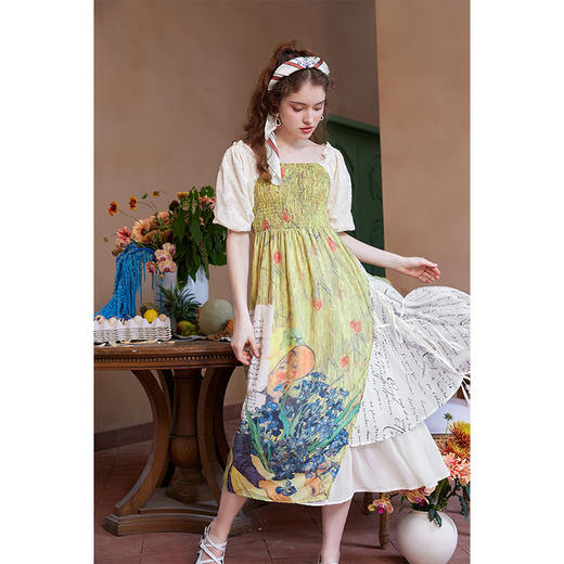 两三事梵高艺术荷以清凉夏季田园风泡泡袖印花绑带连衣裙 商品图2