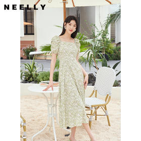 NEELLY纳俪商场同款法式方领连衣裙女气质碎花裙下开叉收腰A字裙N23054Y06670
