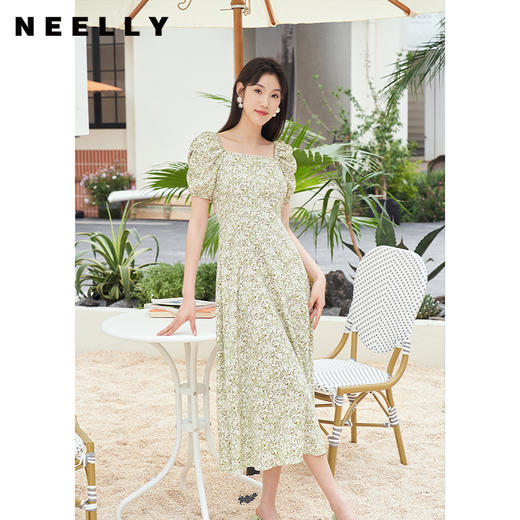 NEELLY纳俪商场同款法式方领连衣裙女气质碎花裙下开叉收腰A字裙N23054Y06670 商品图0